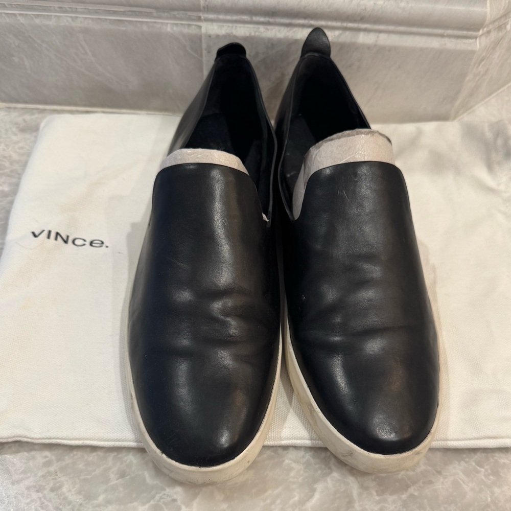 Vince black leather slip ons size 8